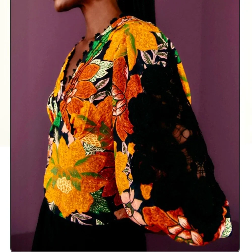 NEW Farm Rio Black Garden Puff Sleeve Blouse Tropical Floral Lace Inset Size S